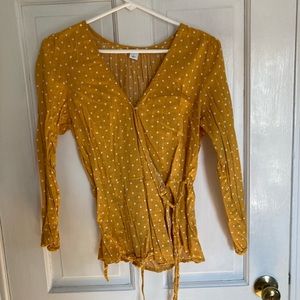 Golden yellow wrap top with polka dots!